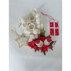Vintage Holiday Ceramic & Glass Ornament Set With Angels Santa Star & Gift Desig